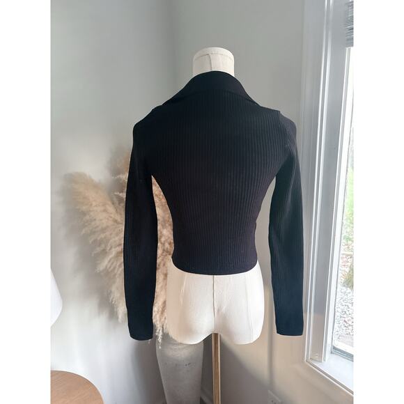Babaton Black Ribbed Sculpt Knit Polo Long Sleeve Crop Sweater Small Collared - Picture 6 of 10